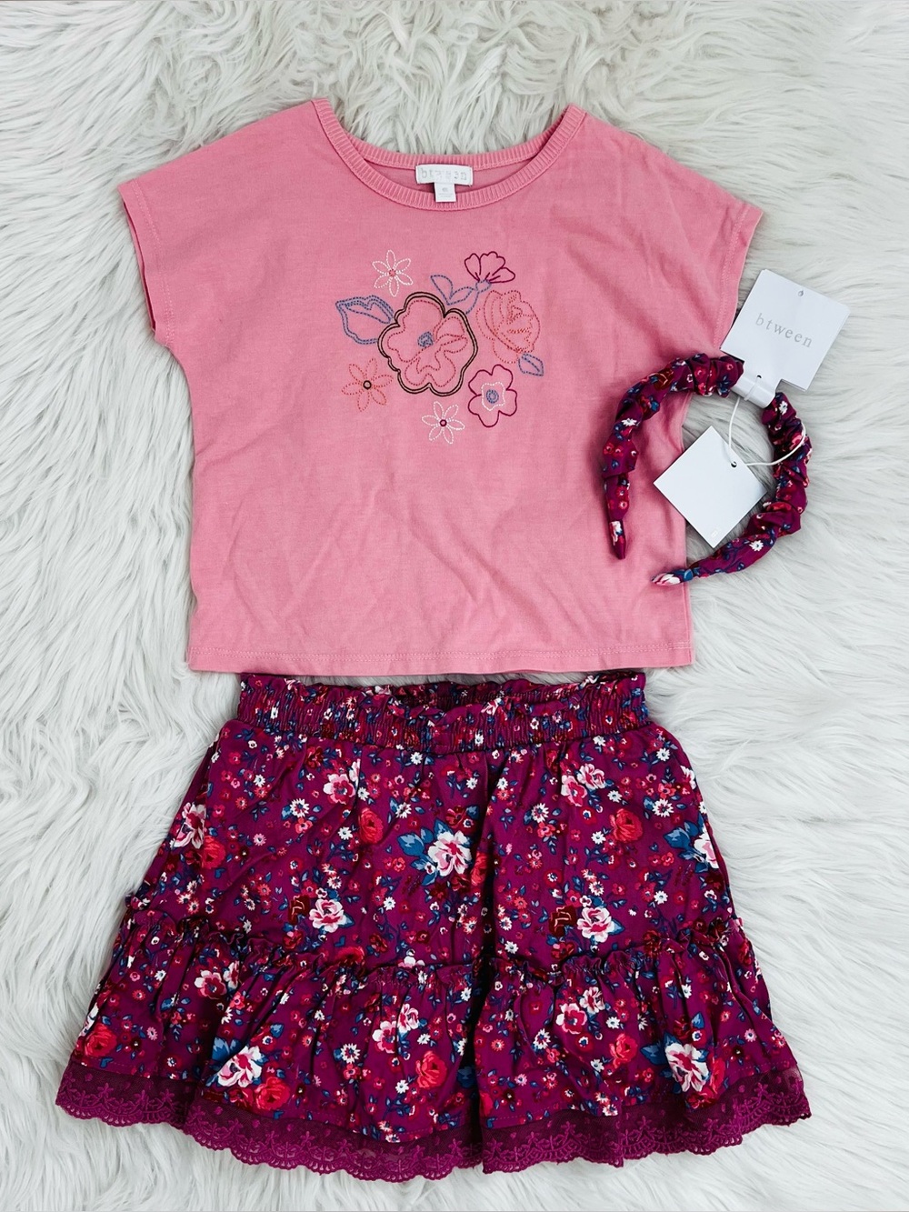 NWT! Btween Three Piece Skort Headband Set Pink Floral Lace Trim Sz 6